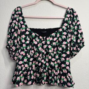 ZARA Puff Sleeve Floral Crop Top Large Bustier Style Sweetheart Neck Smocked